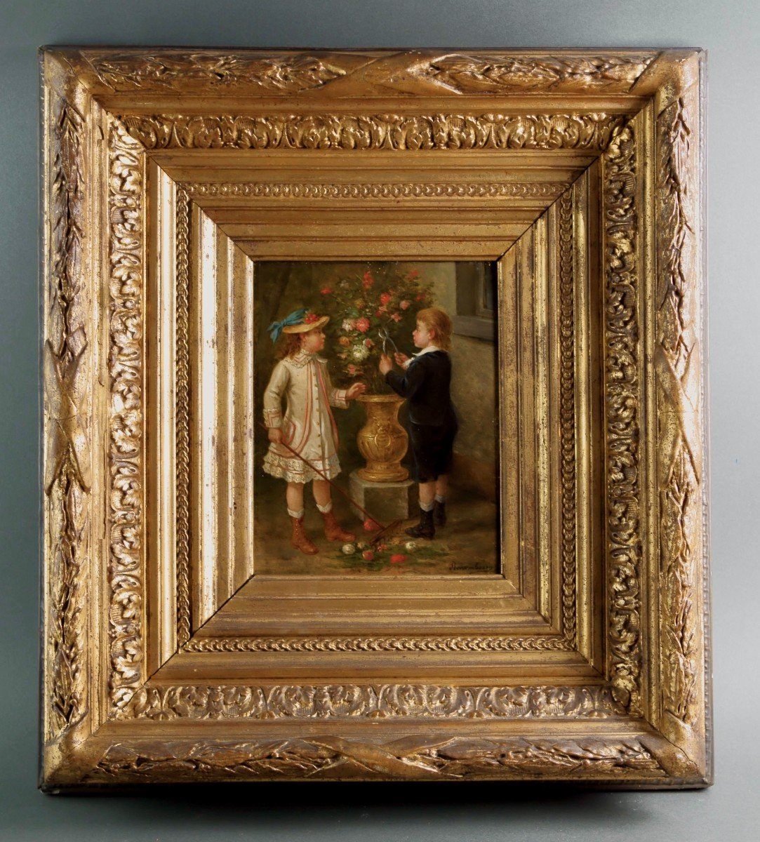 Albert Roosenboom (1845-1893) 19th Belgian School "the Little Gardeners" Gilt Wood Frame