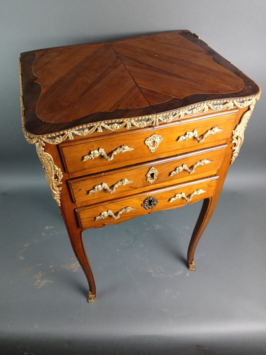 18th Louis XVI French Chiffonniere Table Wood Marquetry Gilt Bronze-photo-4