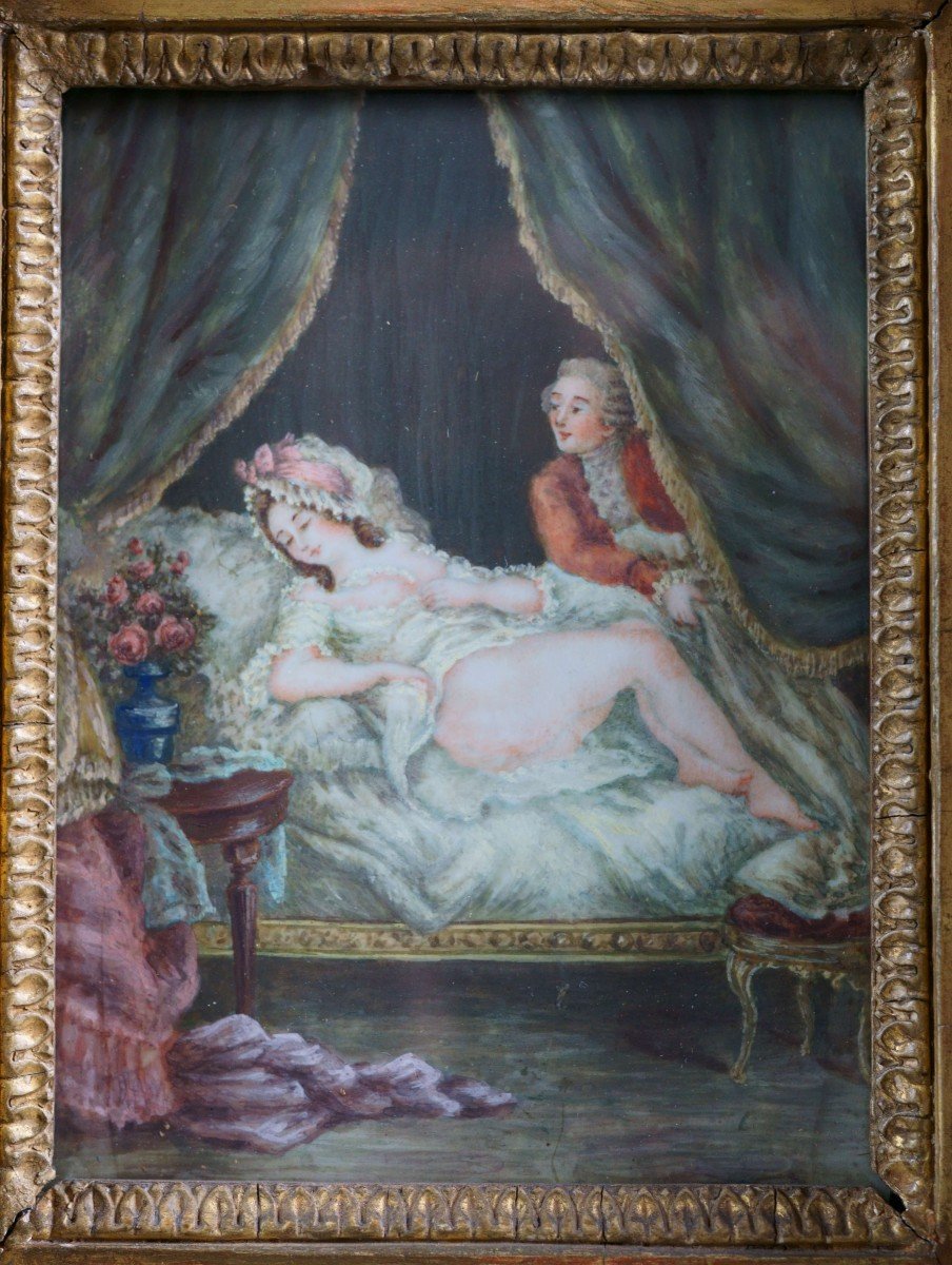 Grande Miniature Erotique style Louis XVI En Cadre Doré 19éme-photo-3