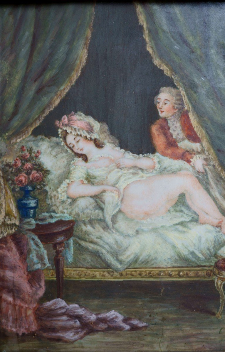 Grande Miniature Erotique style Louis XVI En Cadre Doré 19éme-photo-1