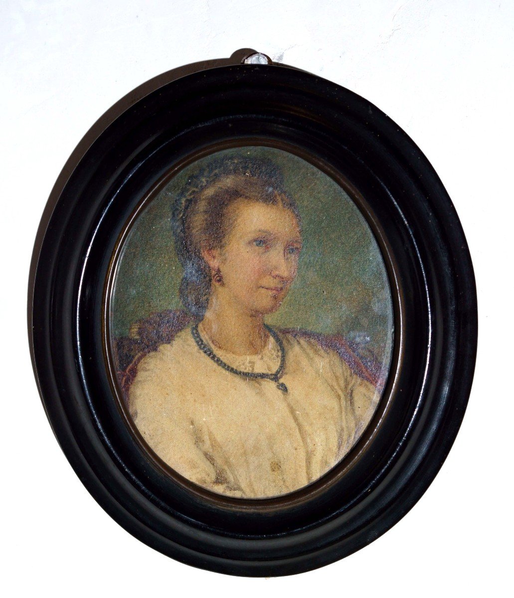 19th Portrait Of A Woman, Tempera On Parchment In Oval Frame