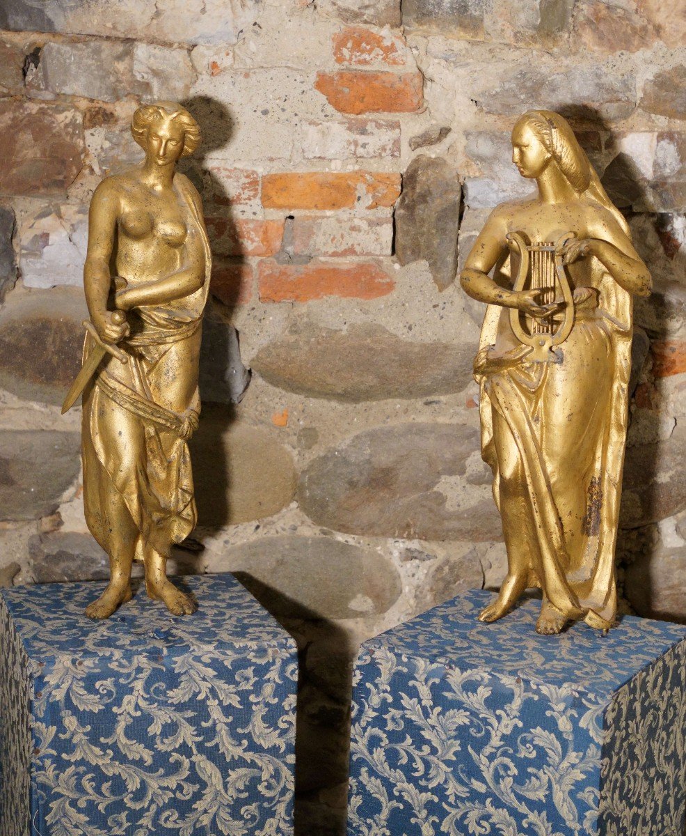 Early 19th Pair Of Neoclassical Sculptures In Gilded Cast Iron The Muse-photo-2