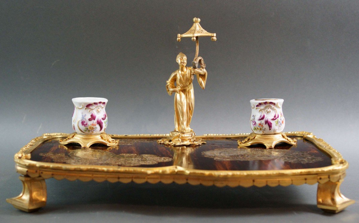 Encrier De Bureau style Louis XV Bronze Doré Laque Chinoiserie Napoléon III-photo-2