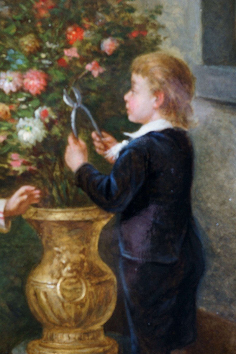 Albert Roosenboom (1845-1893) "les Petits Jardinieres" Tableau Enfants Cadre Doré -photo-2