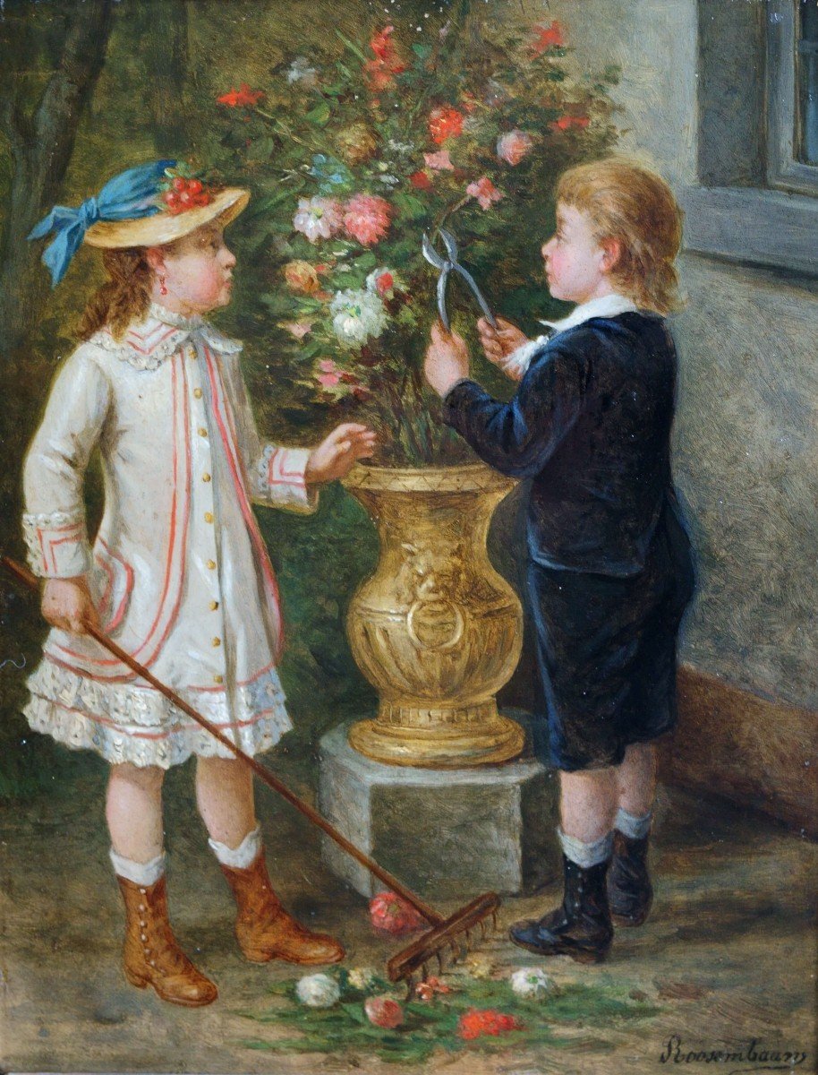 Albert Roosenboom (1845-1893) "les Petits Jardinieres" Tableau Enfants Cadre Doré 