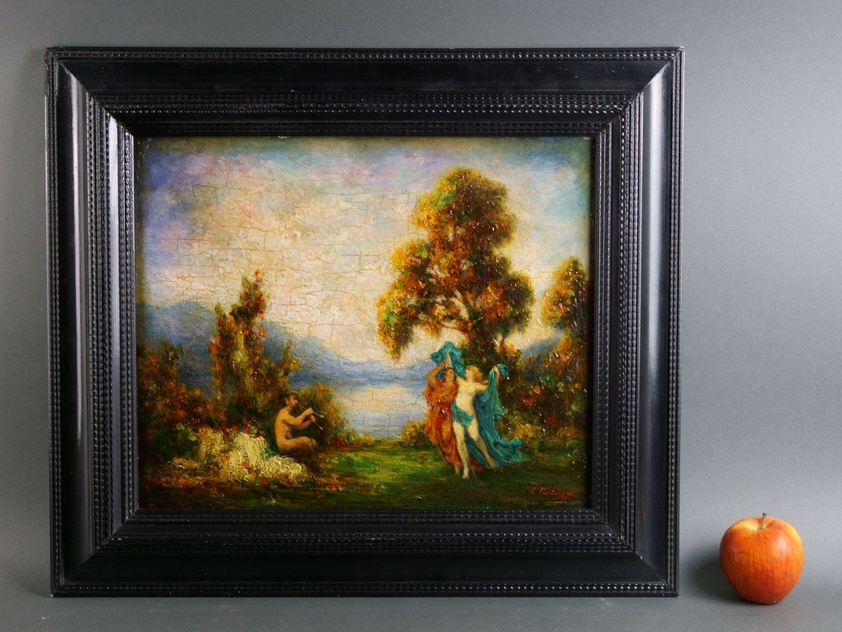 19th French Art Nouveau Mythological Oil On Wood With Frame-photo-6