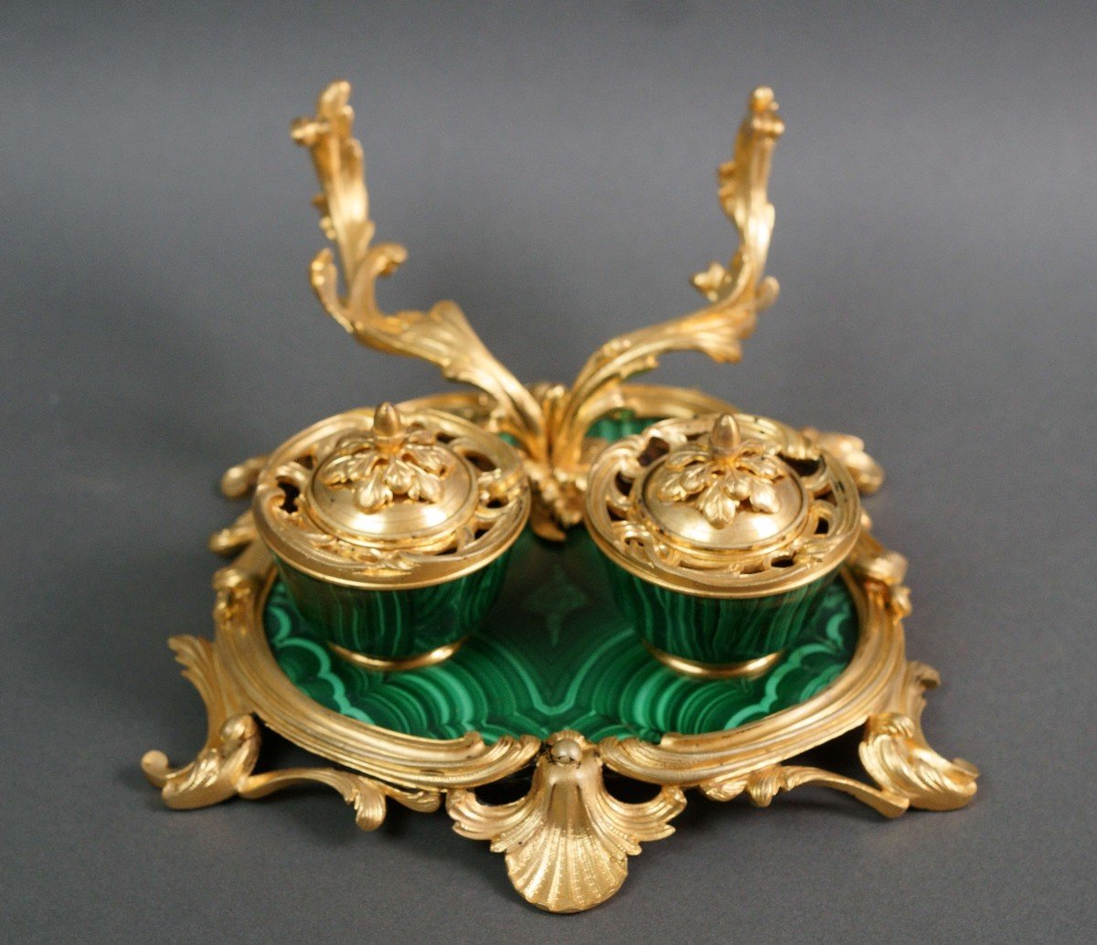 19th French Napoleon III Malachite And Gilt Bronze Inkwell By Maison Millet Paris-photo-2