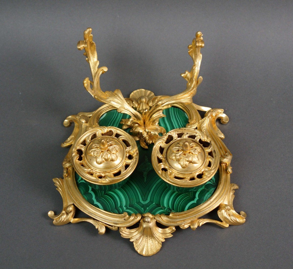 19th French Napoleon III Malachite And Gilt Bronze Inkwell By Maison Millet Paris-photo-4