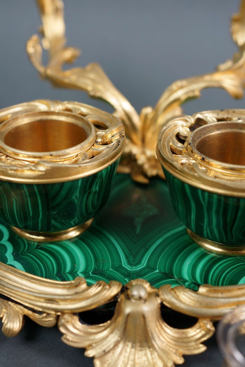 19th French Napoleon III Malachite And Gilt Bronze Inkwell By Maison Millet Paris-photo-2