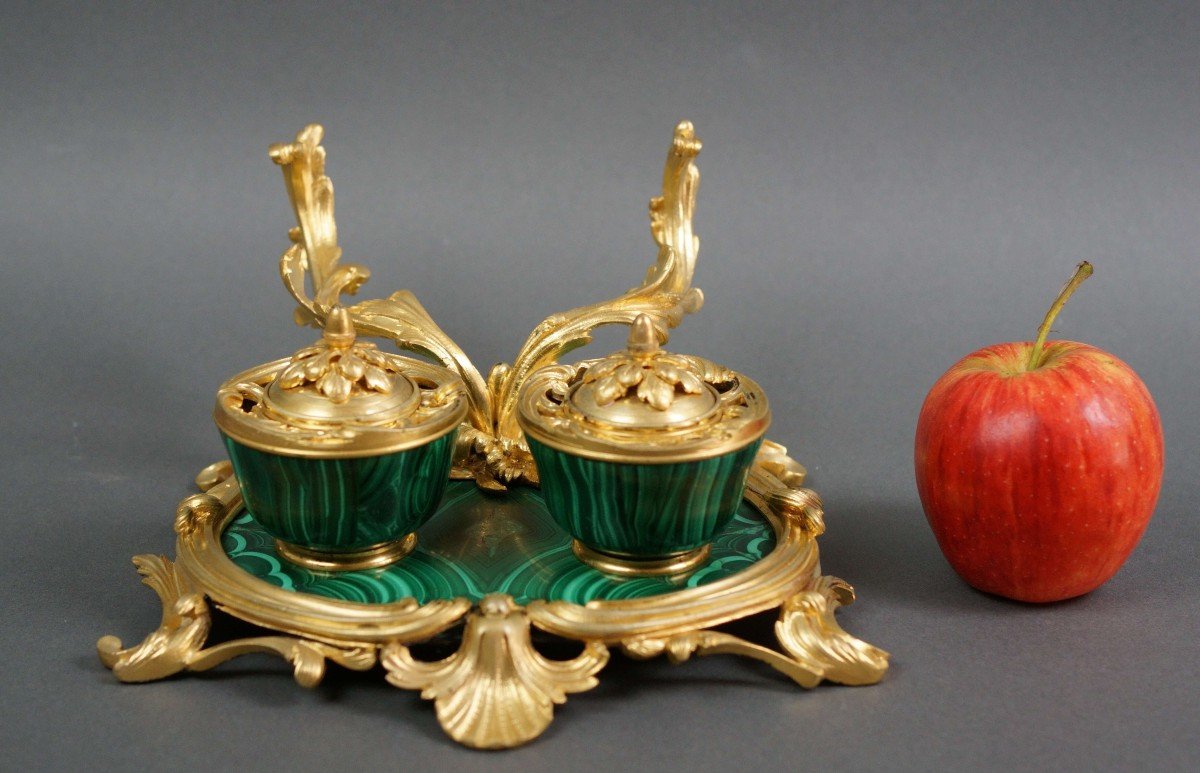 19th French Napoleon III Malachite And Gilt Bronze Inkwell By Maison Millet Paris-photo-5