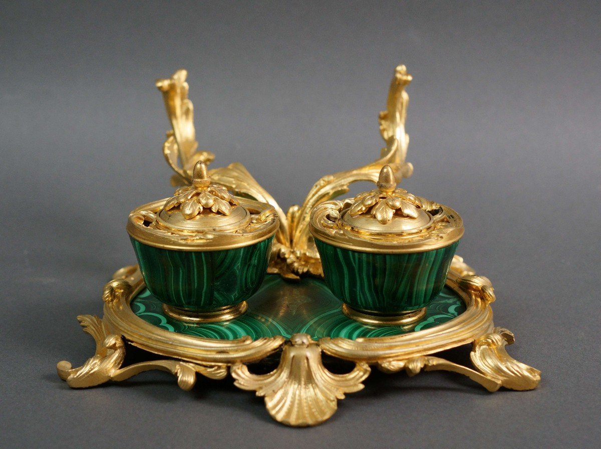 19th French Napoleon III Malachite And Gilt Bronze Inkwell By Maison Millet Paris