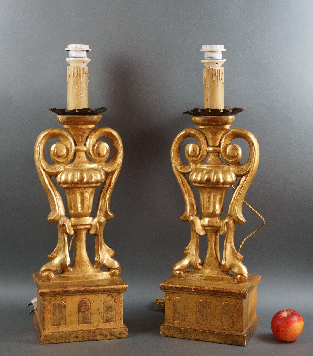 18th Large Italian Gilt Wood Candlesticks-photo-2