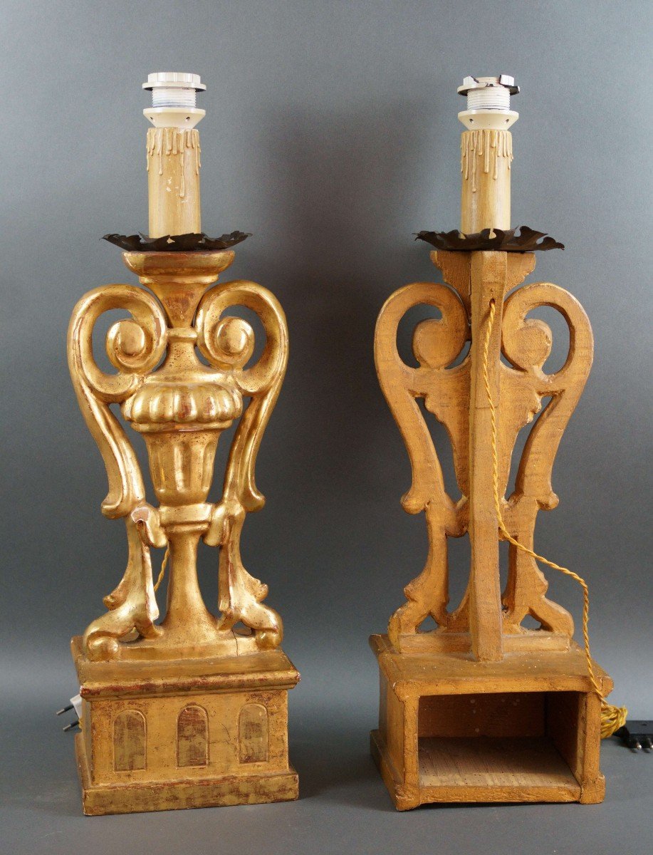 18th Large Italian Gilt Wood Candlesticks-photo-2