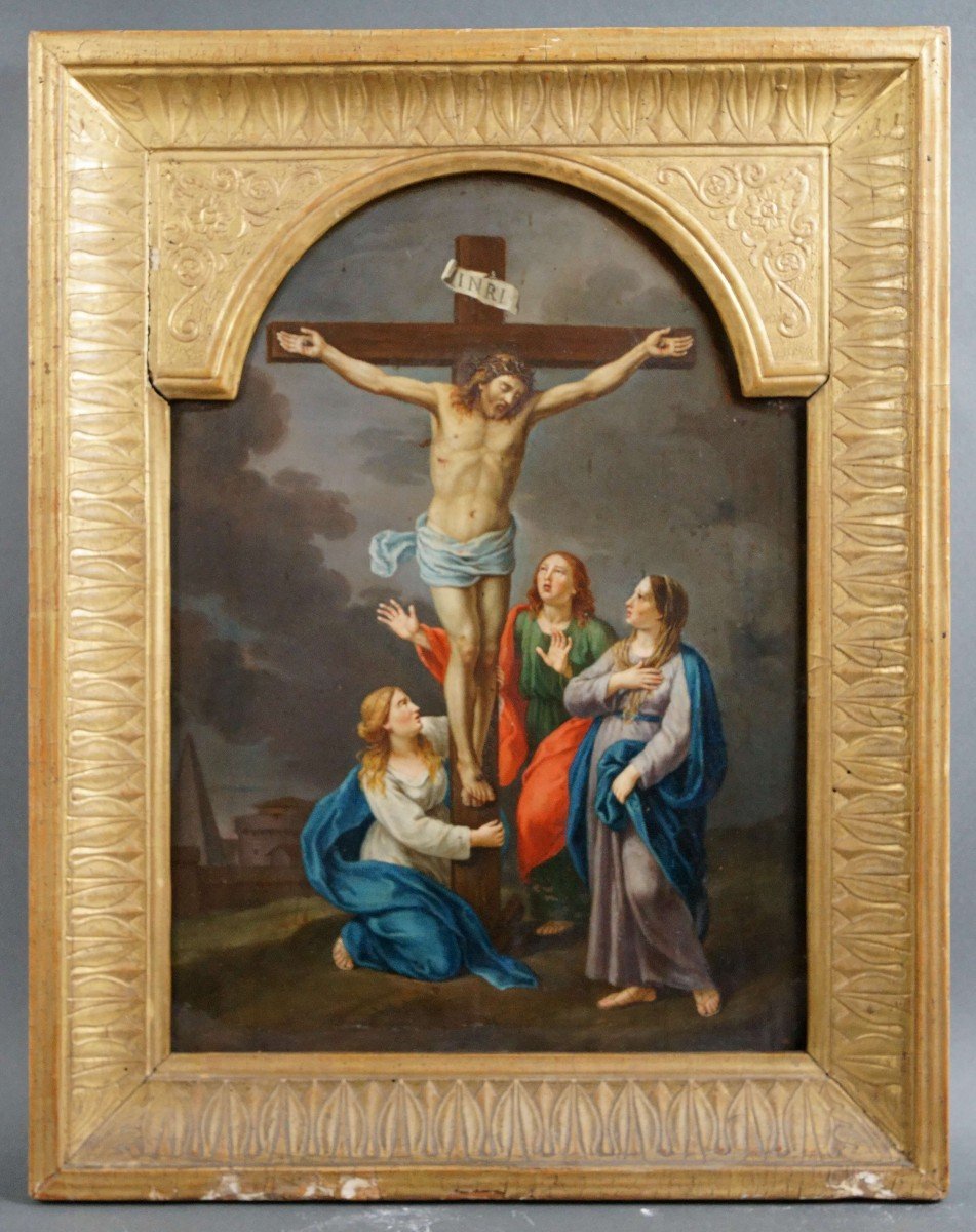 18th Large Oil On Copper Crucifixion With Original Gilded Frame