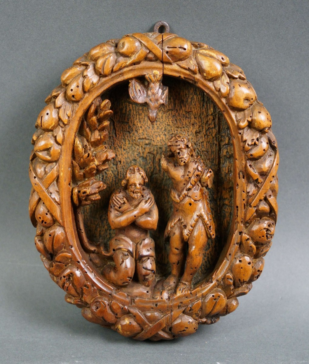 17th  Italian Carved Wooden Bas-relief Sculpture "the Baptism Of Christ" 