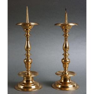 17th Pair Of Tuscan  Gilt Bronze Candle Holders Candlesticks