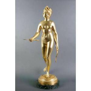 Grande Sculpture Bronze Doré - Diane Chasseresse d'Après Jean-antoine Houdon 19éme