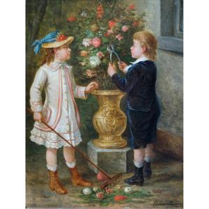 Albert Roosenboom (1845-1893) 19th Belgian School "the Little Gardeners" Gilt Wood Frame