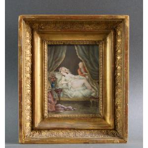 19th Large Ivory  Erotic Miniature Circa 1860 Gilt Wood Frame