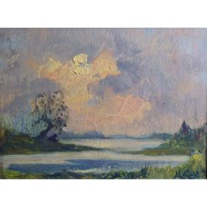 Mario Gachet (1879-1981) "lake Landscape" Oil On Cardboard With Frame