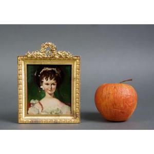 Miniature Portrait Of A Little Girl Oil On Zinc Gilt Bronze Frame Circa 1860