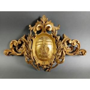 Grands Armoiries Blason En Bois Sculpté Et Doré Frise 18éme