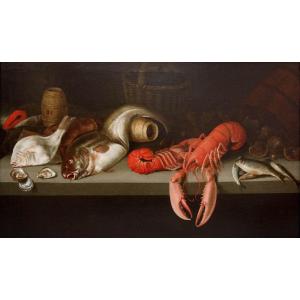 Early 17th Large Still Life With Oysters, Fish And Lobsters Dutch School