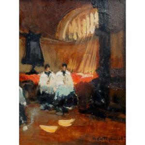 Cirano Castelfranchi (1912-1973) "dans La Sacristie" Peintre à Milan Au XXe Siècle