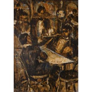 Antonio Fuentes (tanger 1905-1995) "au Café"  Peinture Marocaine Cubisme 