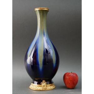 Gustave De Bruyn Enamelled Ceramic Vase Gilt Bronze Mount Art Decò