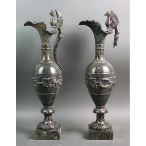 19th Italian Pair Of Marble Verde Antico Ewers