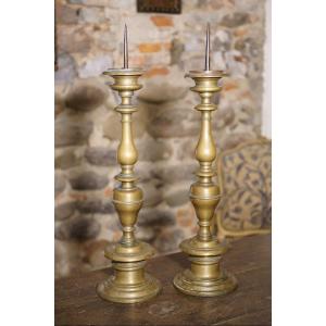 16th Large Italian Pair Brass Candelabra Tuscany Florence