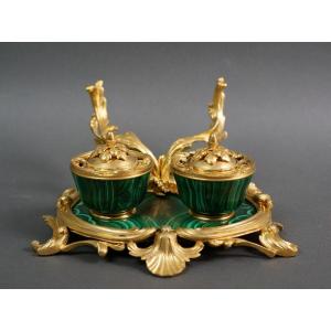 19th French Napoleon III Malachite And Gilt Bronze Inkwell By Maison Millet Paris