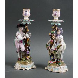 Meissen Style 19th Pair Of Porcelain Candlesticks