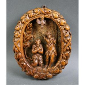 17th  Italian Carved Wooden Bas-relief Sculpture "the Baptism Of Christ" 