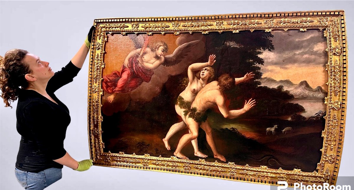 Framework, Oil Painting "the Expulsion Of Adam And Eve From The Earthly Paradise"  17th Century