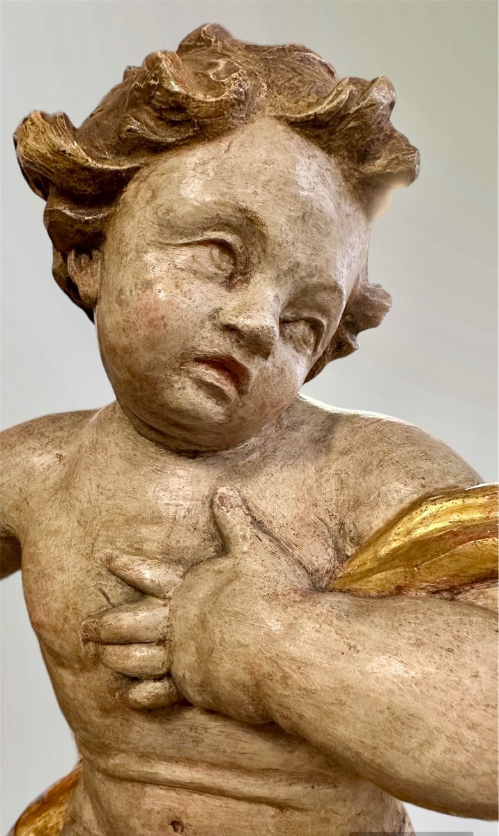 Paire d'Anges En Bois Sculpté Et Polychrome. 18ème Siècle.-photo-1