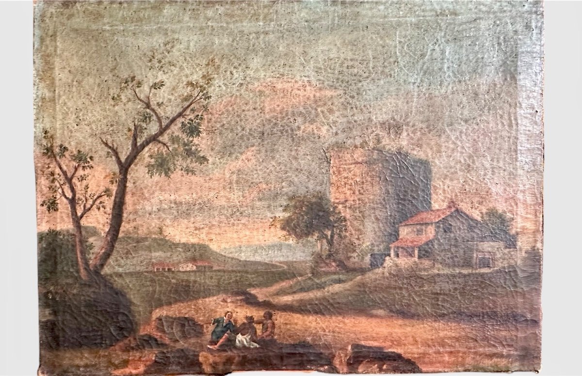 Pair Of Oil Paintings "landscapes With Figures" - 18th Century -photo-2