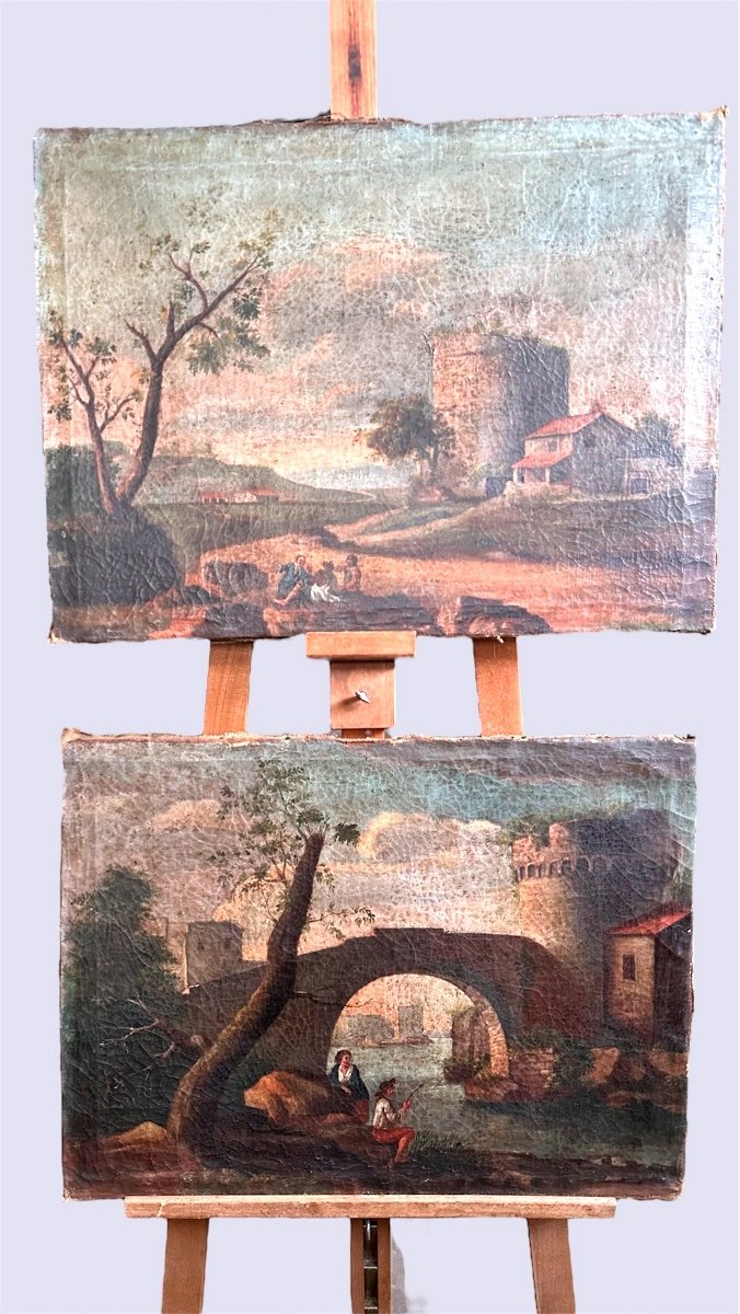 Pair Of Oil Paintings "landscapes With Figures" - 18th Century 