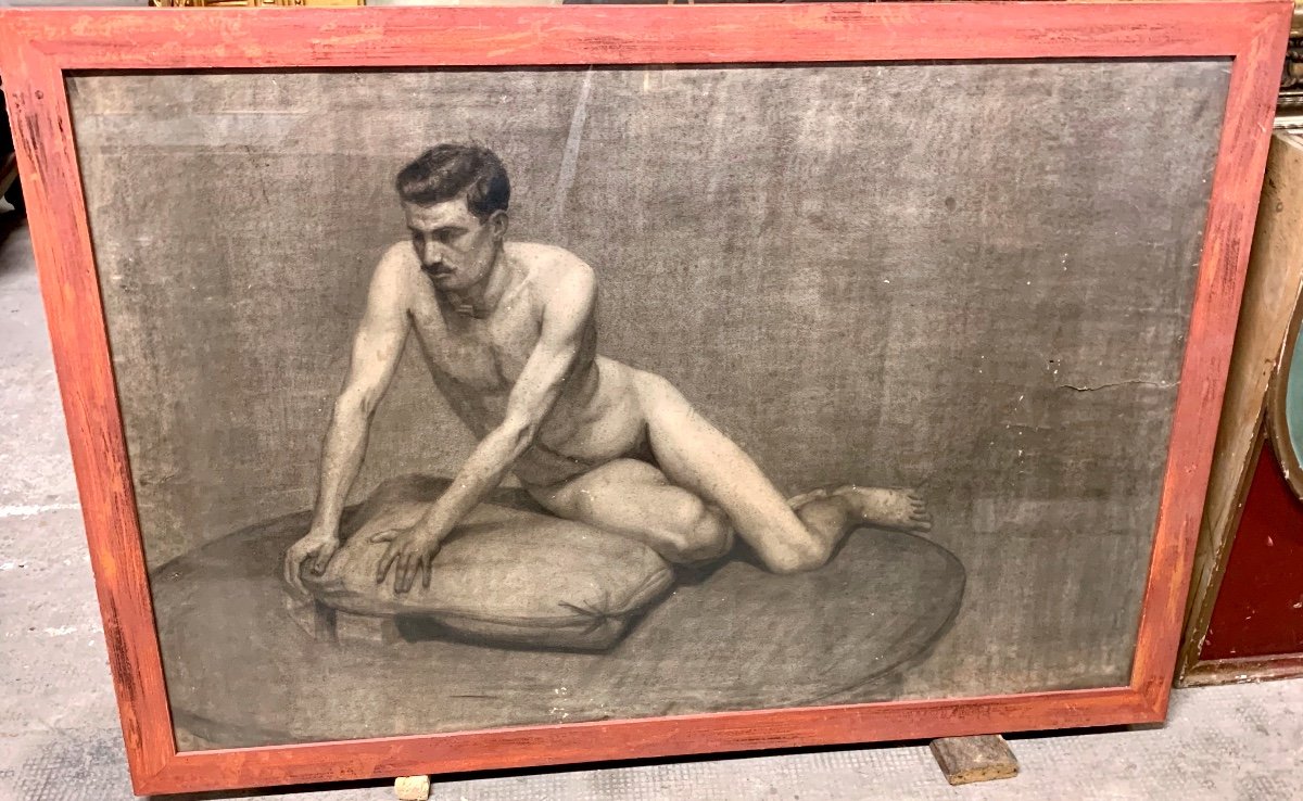 Large Charcoal Drawing Of A Male Nude Signed "a. Peluzzi