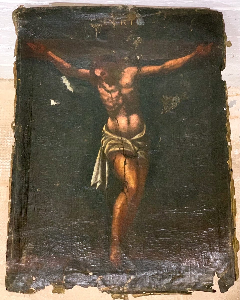 Oil On Canvas “jesus Christ Crucifix” - XVII Century.