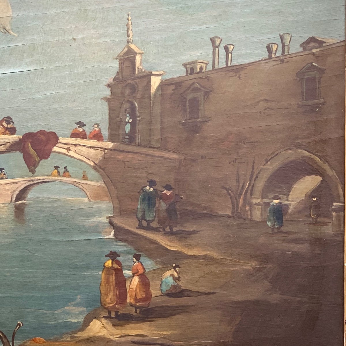 Peinture Sur Panneau "Capriccio avec un pont sur un canal" de B. Rizzo.-photo-2