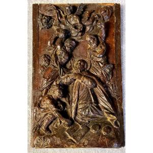 Ancient Panel, Finely Sculpted Bas-relief Depicting A Sacred Scene - 17th Century.