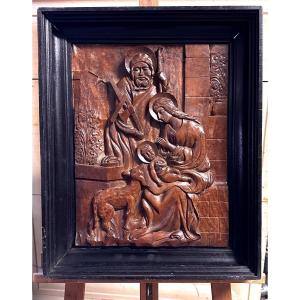 Sculpture En Relief En Bois, Panneau Sculpté "sainte Famille" - XIXe Siècle