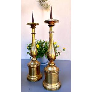 Pair Of Candlesticks In Bronze, Tuscany, 17th Century 