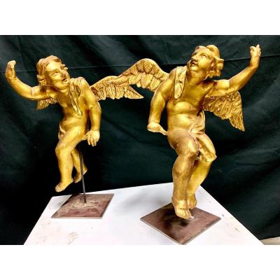 Pair Of Angels In Golden Wood - XVIIIth Century.