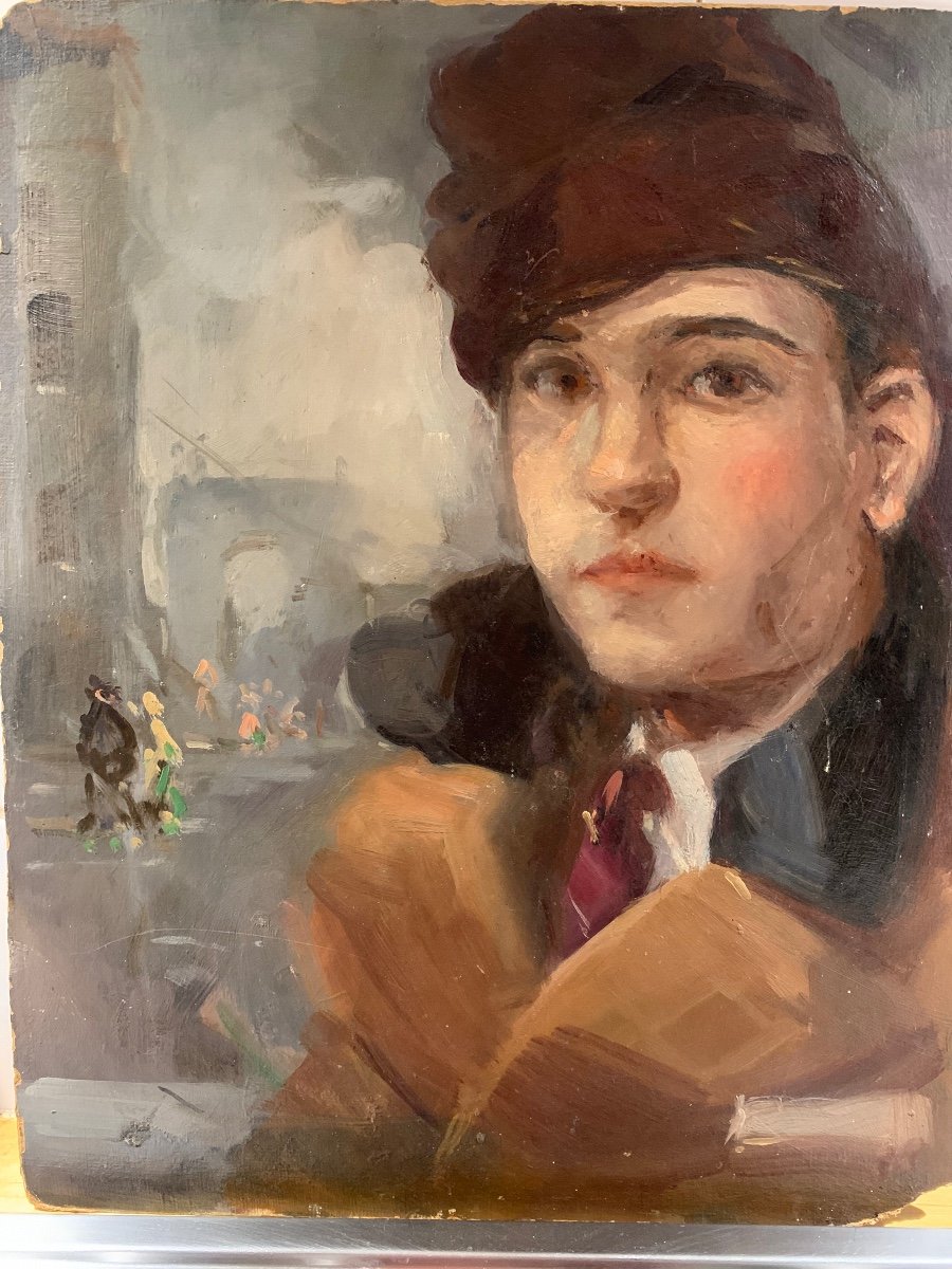 Young Man Portrait With Paris Cityscape.  Circa 1930.