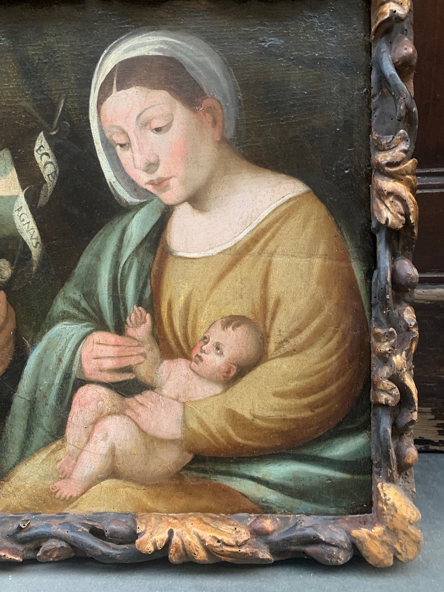 Début XVIe Siècle.  école Vénitienne.  Vierge à l'Enfant Avec Saint Jean.-photo-4