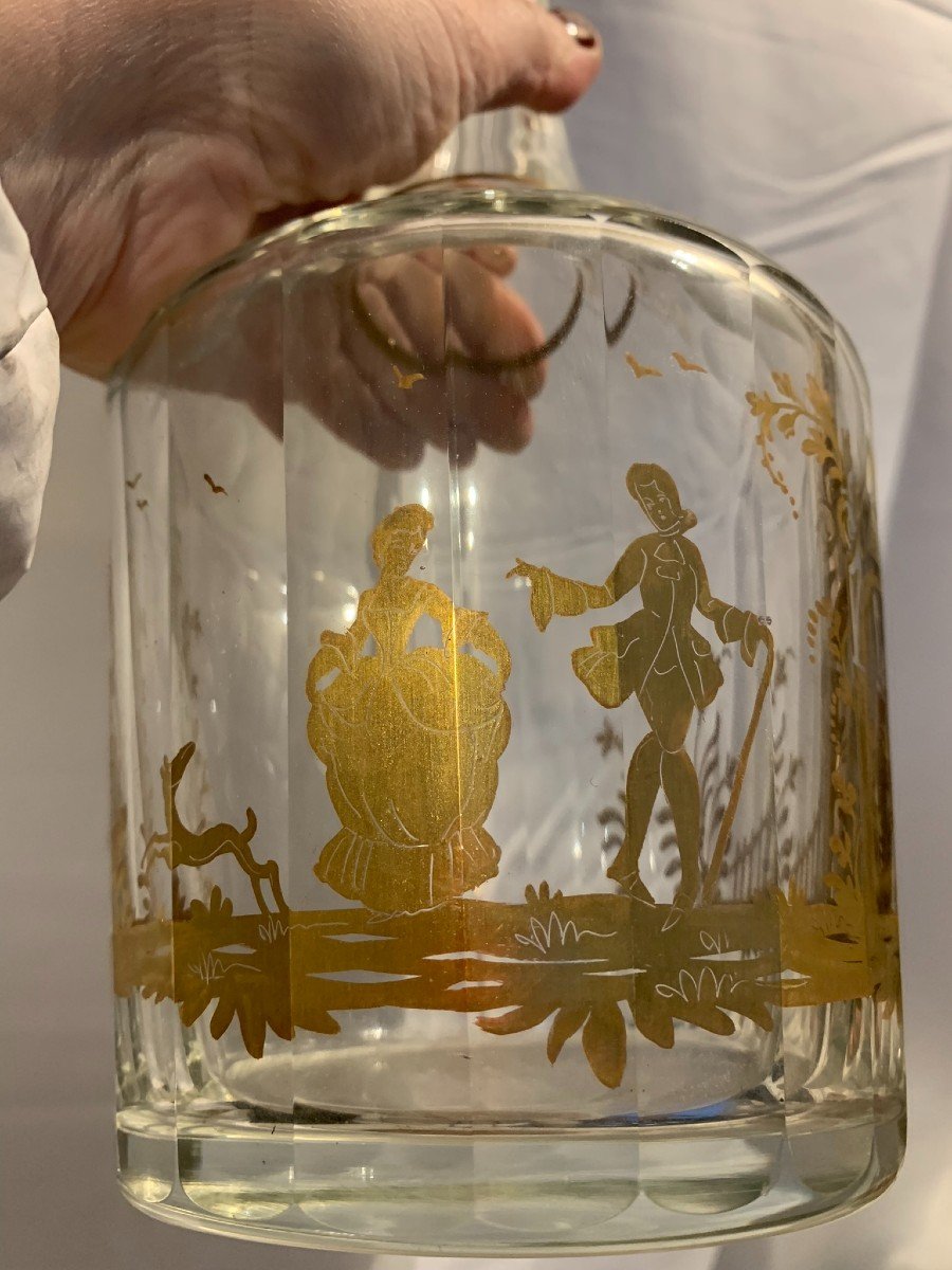 Gold-painted Glass Carafe With Gallant Scenes. Italy. Late 19th Century-photo-2