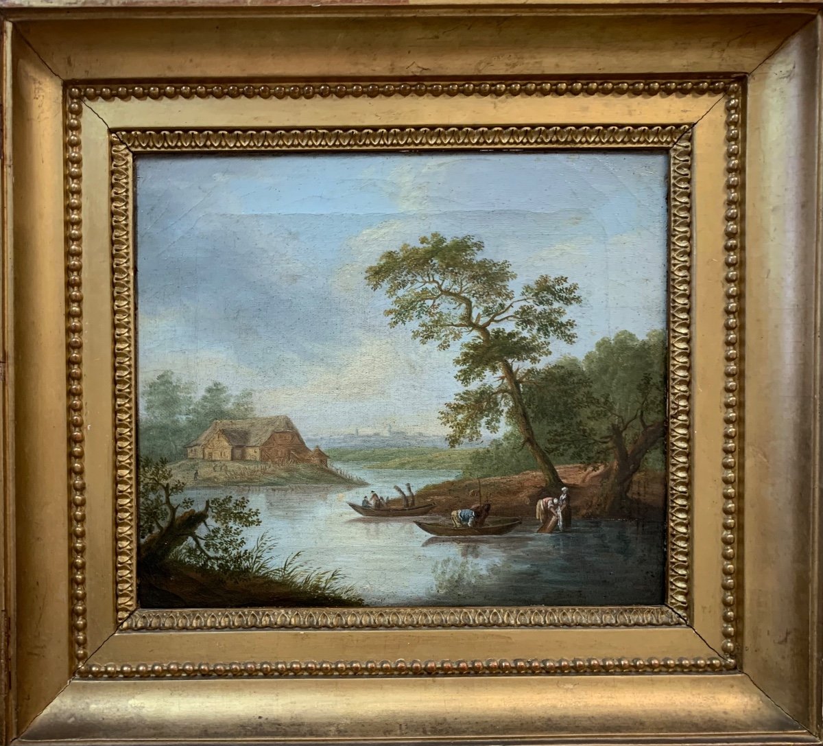 Georges Smith (1713–1776), suiveur. Paysage Fluviale Avec Maison à pan de bois. Fin XVIIIe